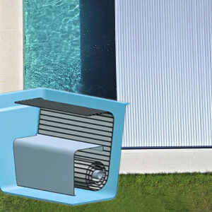 Lamellenabdeckung für Menorca 64 im Pool - abgedeckt mit Sitzbank "Cover Light" - Silber-Solar (Beckenfarbe Granitgrau)